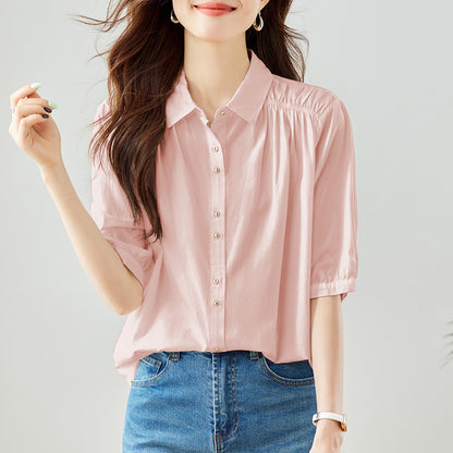direct sales lapel single-breasted temperament lady shirt summer new shoulder pleated design niche top