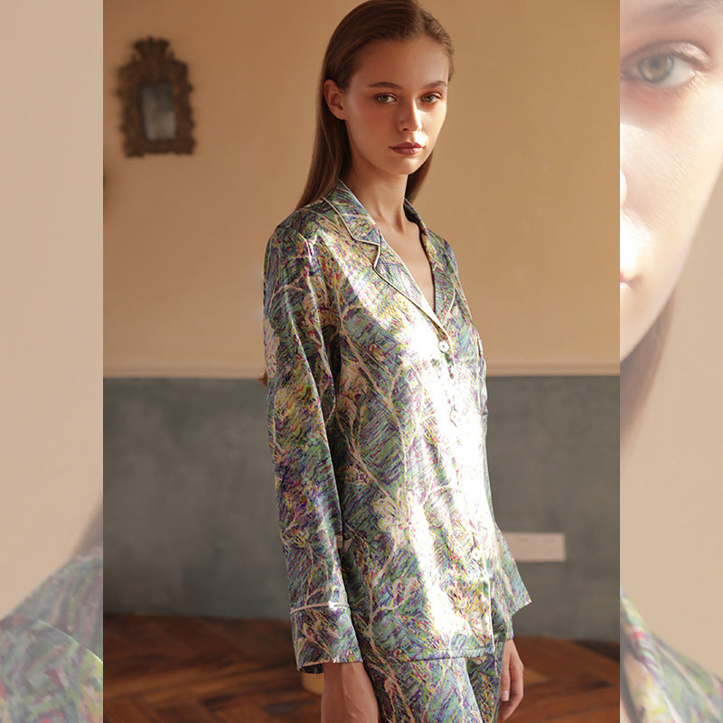 Silk pajamas women's spring and summer popular new long-sleeved luxury printed mulberry silk set two-piece loungewear