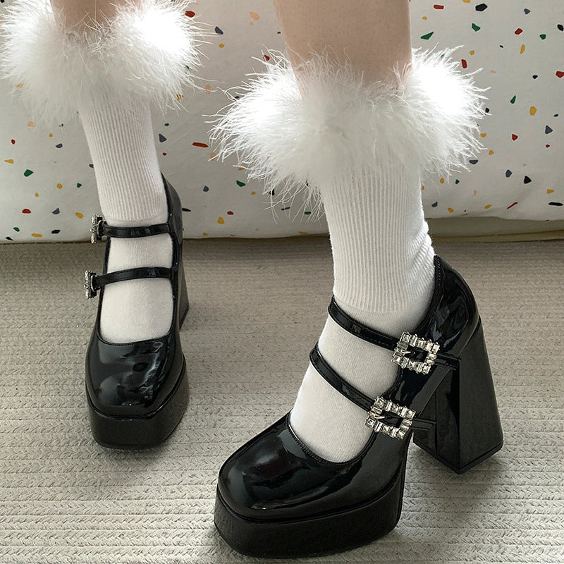 2025  OMG~ Thousand Gold White Moonlight High Heels are so pure! Super high heel Mary Jane waterproof table thick heel hollow single shoes