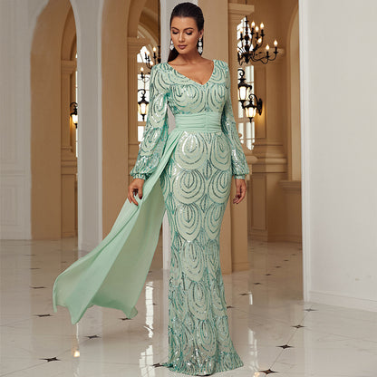 r 2025 temperament long-sleeved sexy long sequined V-neck banquet streamer evening dress bridesmaid dress women