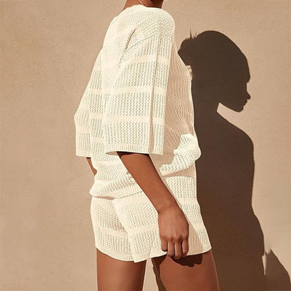 zllkl  European and American Style Women Summer 2-Piece Set Blouse Openwork Knitted Top Shorts Vacation Beach Casual Suit