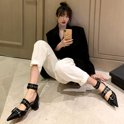 2025  Internet celebrity thick heel bag head sandals women's Roman straps shoes middle heel one word with rivets pointed shoes hollow single shoes