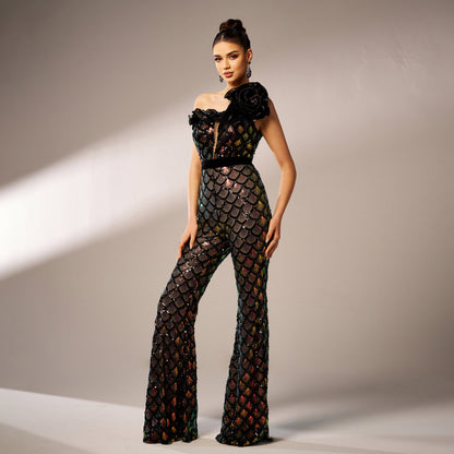 r 2025 new high-end one-shoulder diagonal collar banquet sequined slim-fit evening dress bridesmaid dress jumpsuit women