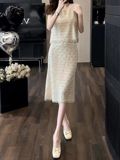 2025 popular Summer New  Light Luxury Celebrity Lace Embroidery Crew Neck Sleeveless Top Women's Skirt Two-piece Set