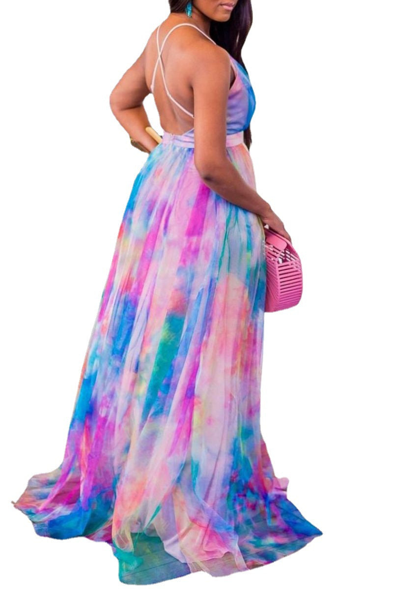 2021 spring and summer new 2025 Popular trade printing pendulum mesh dress commuting 2025 large-size women's dress