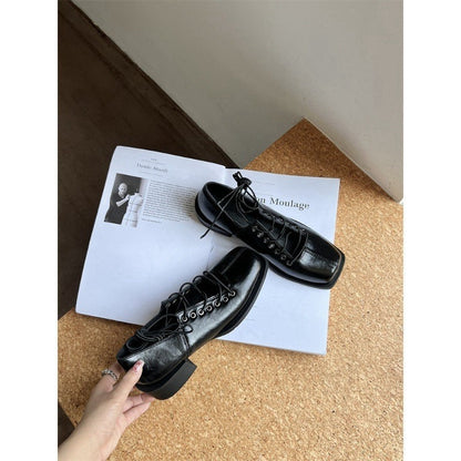 2025  Lace-up small leather shoes women's British college style square head single shoes niche design retro pig nose thick heel ballet single shoes