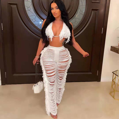 2025 supply New  women's clothing Solid color bikini fringed knitted beach pants suit Sexy and fresh