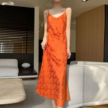 Summer New Acetate Sling Dress Women's Outer Wear V-neck Silk Printed Temperament Slim Looking Base Sexy Dress