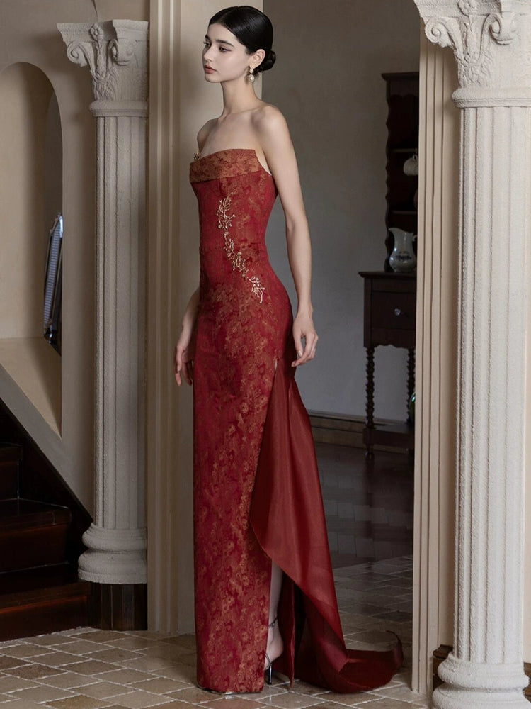 New Chinese evening dress bride red tube top high sense light luxury morning robe retro engagement banquet return toast dress