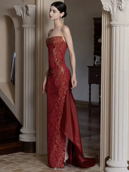 New Chinese evening dress bride red tube top high sense light luxury morning robe retro engagement banquet return toast dress