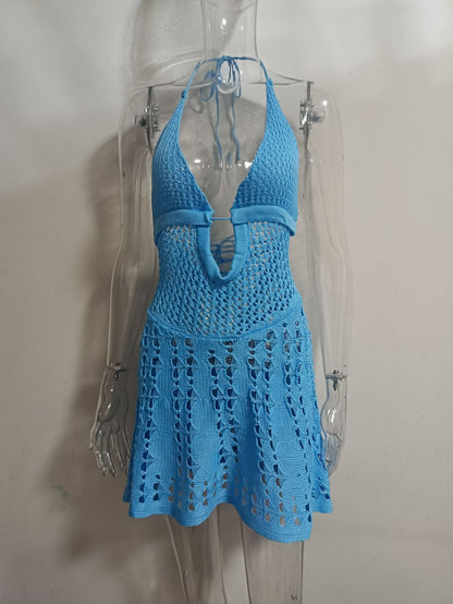 Sexy Spaghetti Straps Knitted Hollow Backless Lace-up New 2025 Summer New European and American Knitted Dress