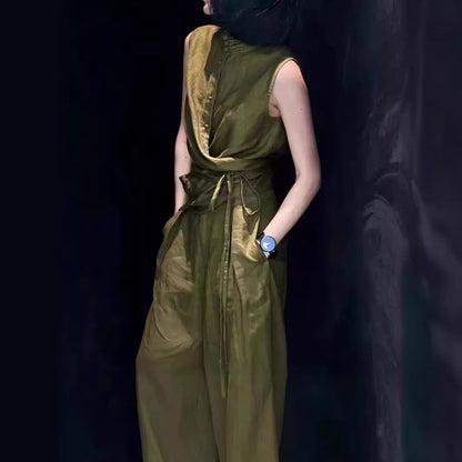 2025 New Chinese style national style buckle army green imitation linen vest wide-leg pants two-piece set design sense fashion set