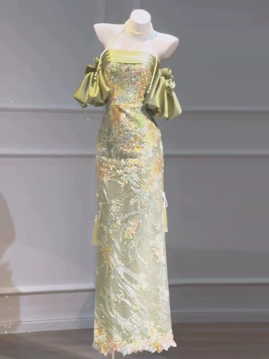 New Chinese cheongsam evening dress niche light luxury high-end banquet tube top morning robe female bride engagement floral toast