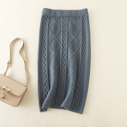 ZllKl Autumn and winter thickened wool knitted skirt women's New new twist medium and long straight hip wrap one-step skirt