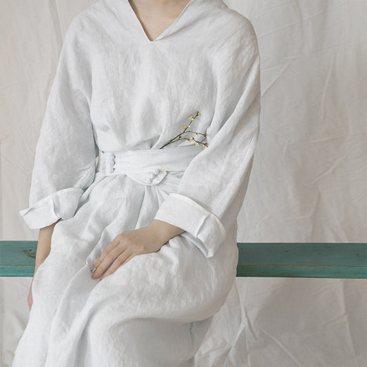 design literary and simple v-neck linen robe, new Chinese loose and thin belt dress L22180