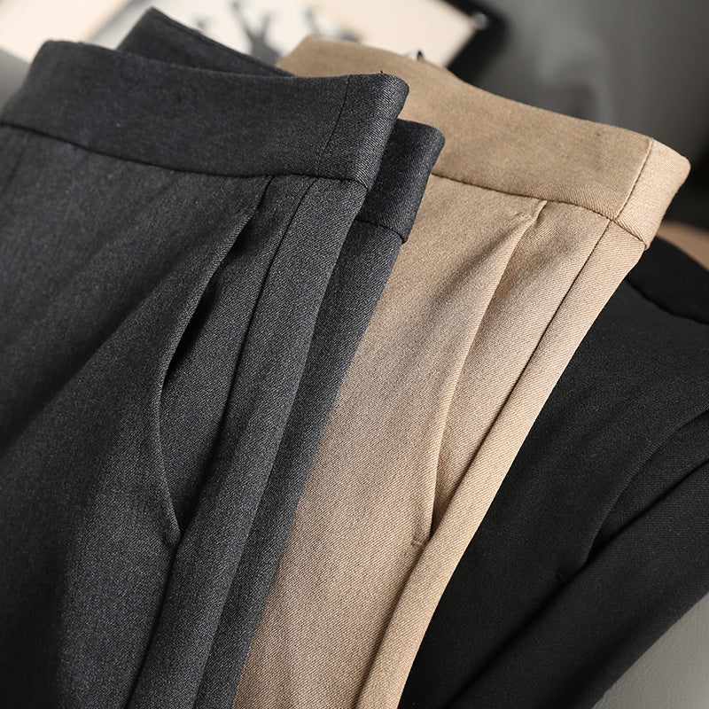 2025 Temperament commuter suit pants  spring trousers brown cotton knitted, high-waisted straight-leg casual pants without belt