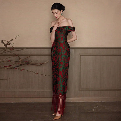 Morning robe female bride one-word shoulder retro new Chinese style engagement dress temperament banquet advanced wedding toast
