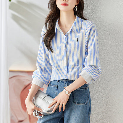 direct sales blue striped shirt women's long-sleeved spring and autumn clothes new casual top cartoon embroidered cotton shirt