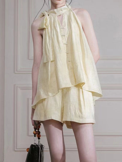 2025 Bamboo rhyme Zen, jasmine light yellow, Lyocell neck shirt + shorts set women's popular summer new