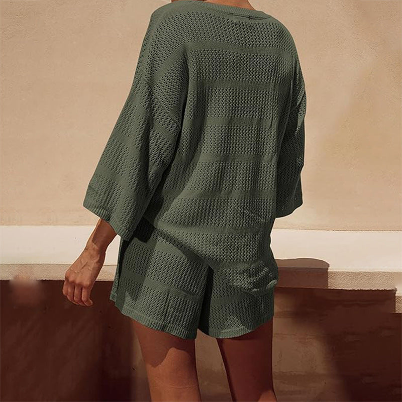 zllkl  European and American Style Women Summer 2-Piece Set Blouse Openwork Knitted Top Shorts Vacation Beach Casual Suit