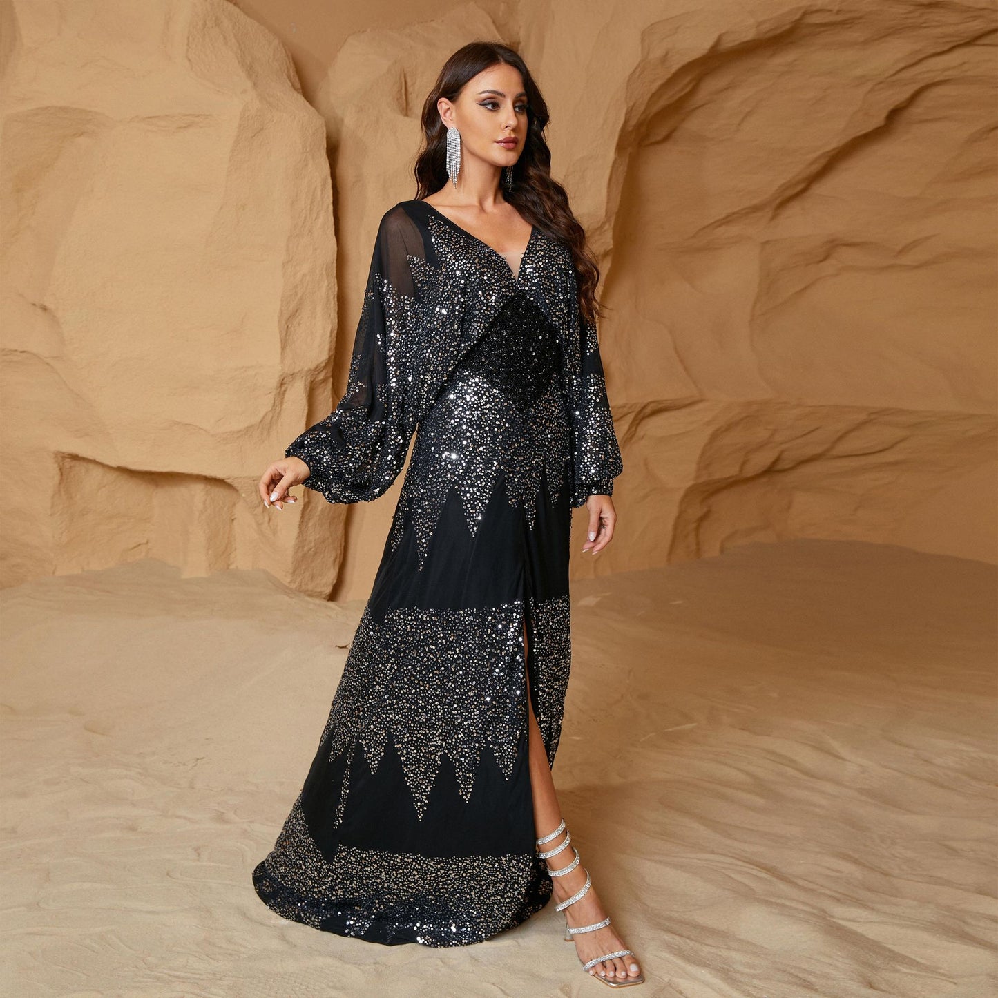 Popular New 2025  long skirts, long-sleeved sequined evening dresses, chiffon V-neck split waist dresses, women's clothing