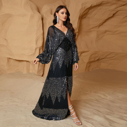Popular New 2025  long skirts, long-sleeved sequined evening dresses, chiffon V-neck split waist dresses, women's clothing
