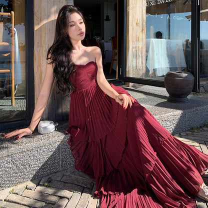 2025 pleated temperament skirt tube top cake skirt pleated high-end dress dress long skirt to ankle super long
