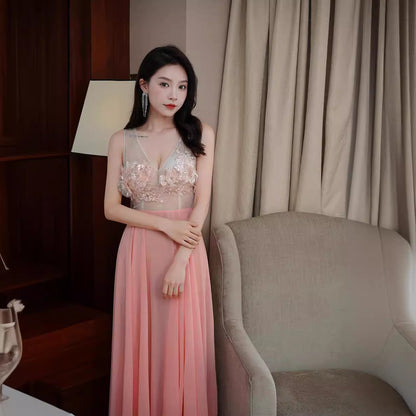 2025 Lace deep v sexy pure desire mesh chiffon ktv princess dress hottie sexy low cut dress high-end bath