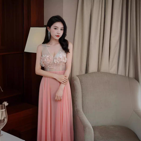 2025 Lace deep v sexy pure desire mesh chiffon ktv princess dress hottie sexy low cut dress high-end bath