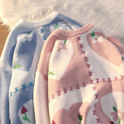 Hong Kong style Japanese vintage love sweater women's autumn and winter loose Korean outer wear gentle wind couple knitted sweater jacket