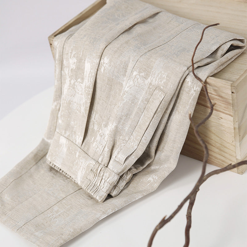 2025 Linen jacquard national style pants, new Chinese silk nine-point pants, high-end casual pants women's radish pants summer