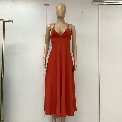 ZllKl  Spring/Summer Cross-Border Women's Clothing Solid Color  Hepburn Style Strap Dress Tube Top Stitching Midi Dress