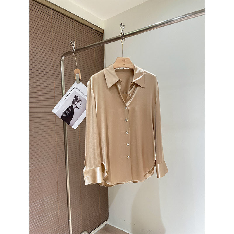 Silk shirt women's popular spring new solid color glossy pointed neck long-sleeved mulberry silk shirt