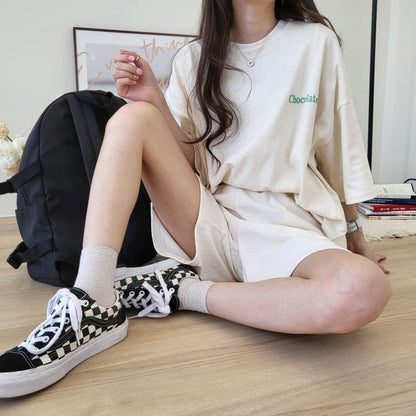 ZllKl 100% Short Sleeve Shorts Set Women's Two-piece Set Loose Summer Grey Casual Sportswear Set Korean Cotton