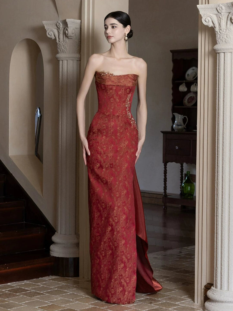 New Chinese evening dress bride red tube top high sense light luxury morning robe retro engagement banquet return toast dress