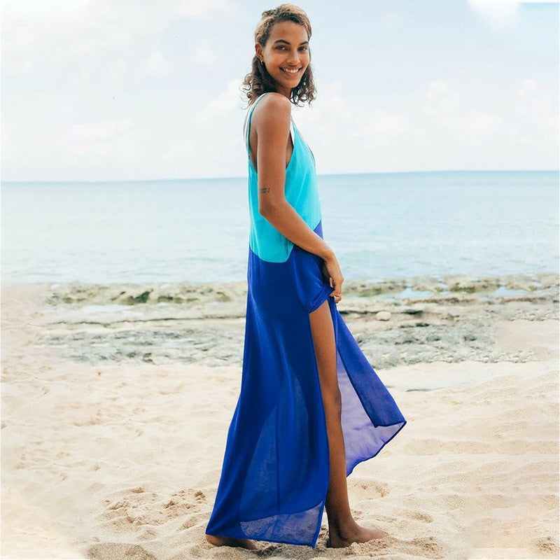2025 Spring and summer  New sexy suspender backless high split contrasting chiffon shirt casual beach dress dress