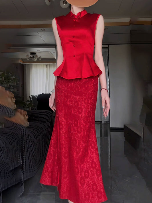 New Chinese morning gown bride wedding engagement retro fishtail dress temperament red wedding return banquet dress