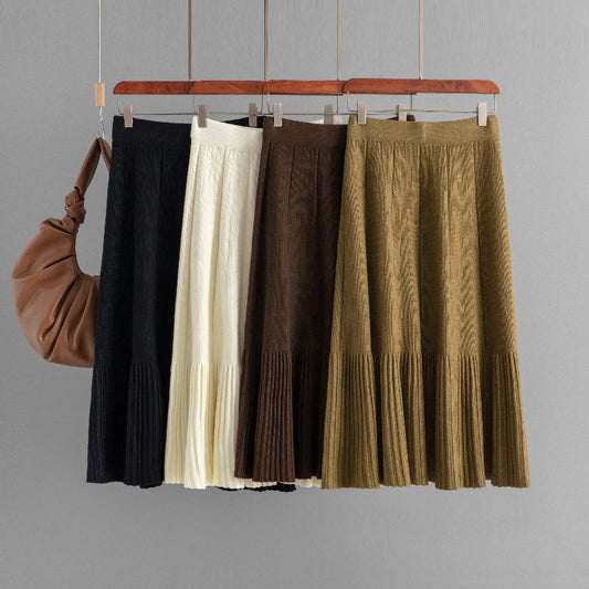 ZllKl Hot trade New Korean version of solid color knitted skirt, fashionable, simple and versatile, high waist and thin pleated skirt, medium and long women