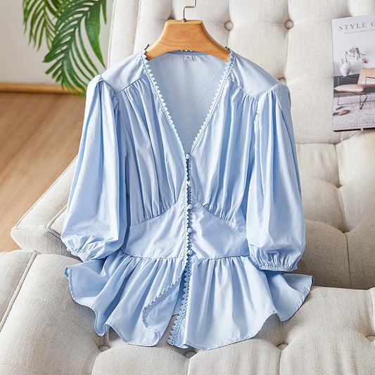 direct sales V-neck shirt women's summer new design sense niche V-neck top pure cotton short small shirt