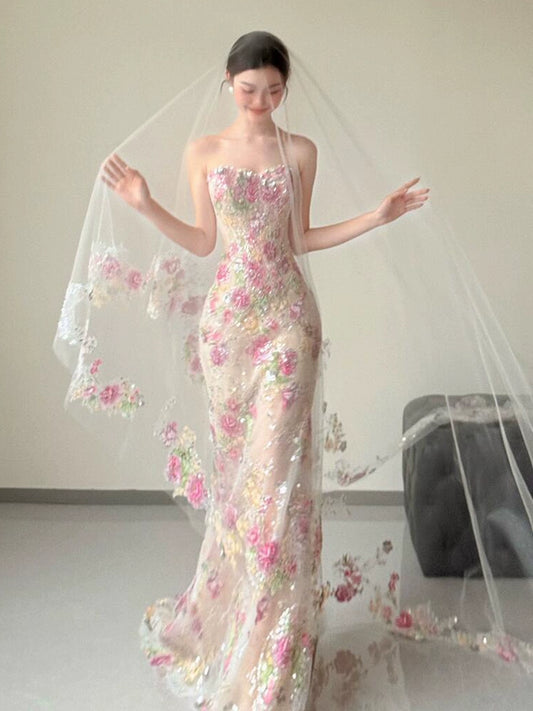 Morning robe female bride tube top high-end super fairy flower sequined fishtail dress temperament light luxury celebrity engagement dress