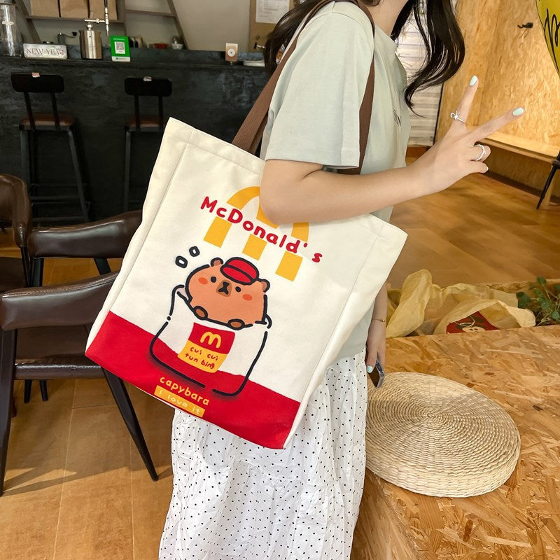 2025 ZLLKL Small fresh cartoon kapibara canvas bag popular new simple student make-up bag large capacity tote bag women