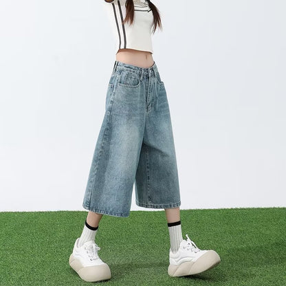 Light Blue Cropped Jeans Women's Summer Thin 2025 New High Waist Slimming and Straight Loose Cropped Wide Leg Pants