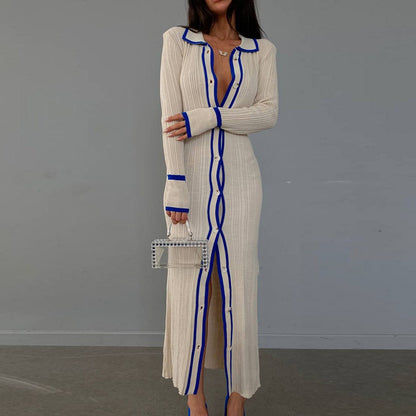 2025 New  new products slim lapel splicing women's long-sleeved cardigan dress