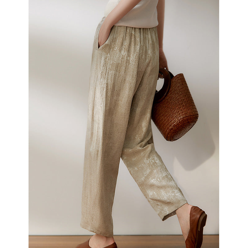 2025 Linen jacquard national style pants, new Chinese silk nine-point pants, high-end casual pants women's radish pants summer