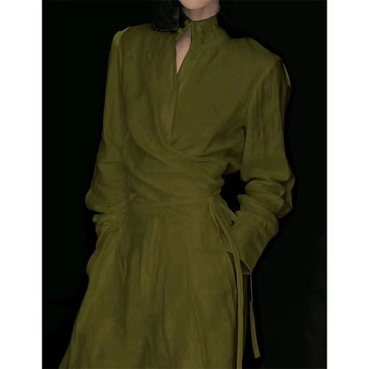 2025 New Chinese style national style buckle army green imitation linen vest wide-leg pants two-piece set design sense fashion set