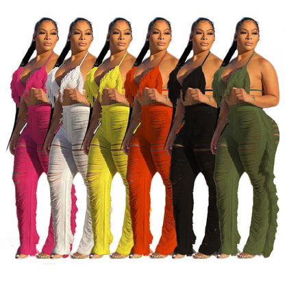 2025 supply New  women's clothing Solid color bikini fringed knitted beach pants suit Sexy and fresh
