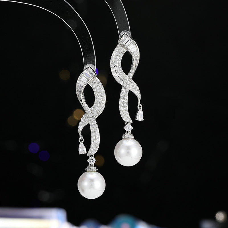 2025 High sense versatile fashion earrings women's simple temperament long zircon geometric pearl earrings s925 silver needle accessories
