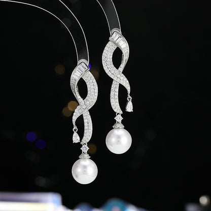 2025 High sense versatile fashion earrings women's simple temperament long zircon geometric pearl earrings s925 silver needle accessories