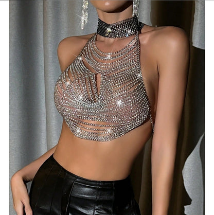 XH233942 2025 hot-selling metal chain hanging neck sexy exposed navel small vest nightclub party fashion halter sling
