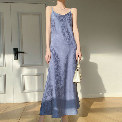 Summer New Acetate Sling Dress Women's Outer Wear V-neck Silk Printed Temperament Slim Looking Base Sexy Dress